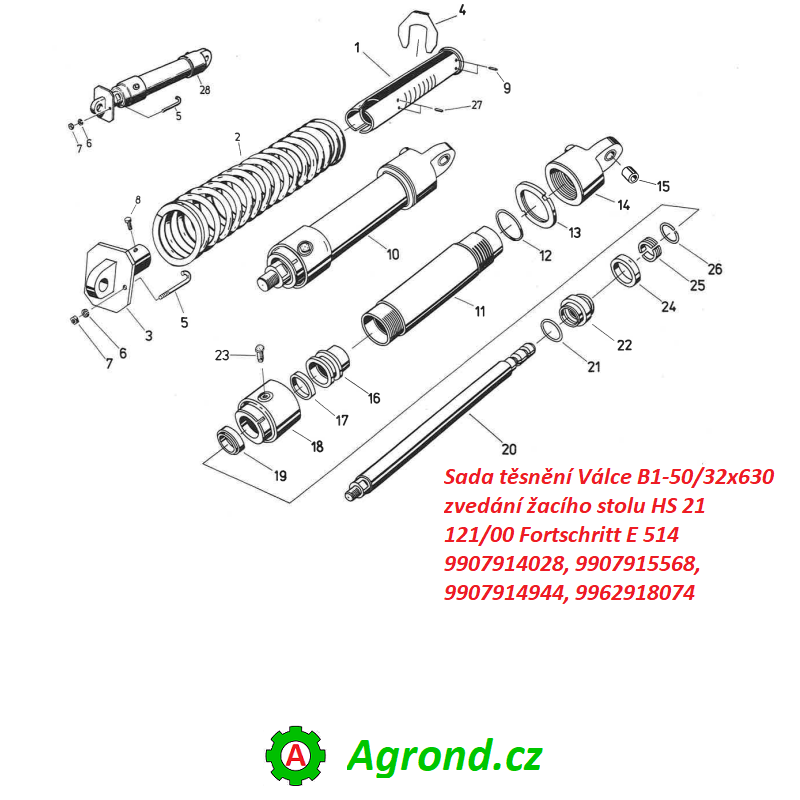 Sada těsnění Válce B1-50/32x630 zvedání žacího stolu HS 21 121/00 9907914028 Fortschritt E 514