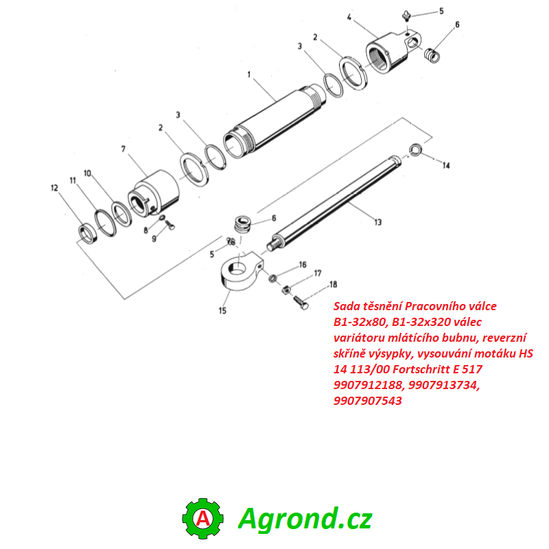Sada těsnění Pracovního válce B1-32x80, B1-32x320 válec variátoru mlátícího bubnu, reverzní skříně výsypky, vysouvání motáku HS 14 113/00 9907912188 Fortschritt E 517
